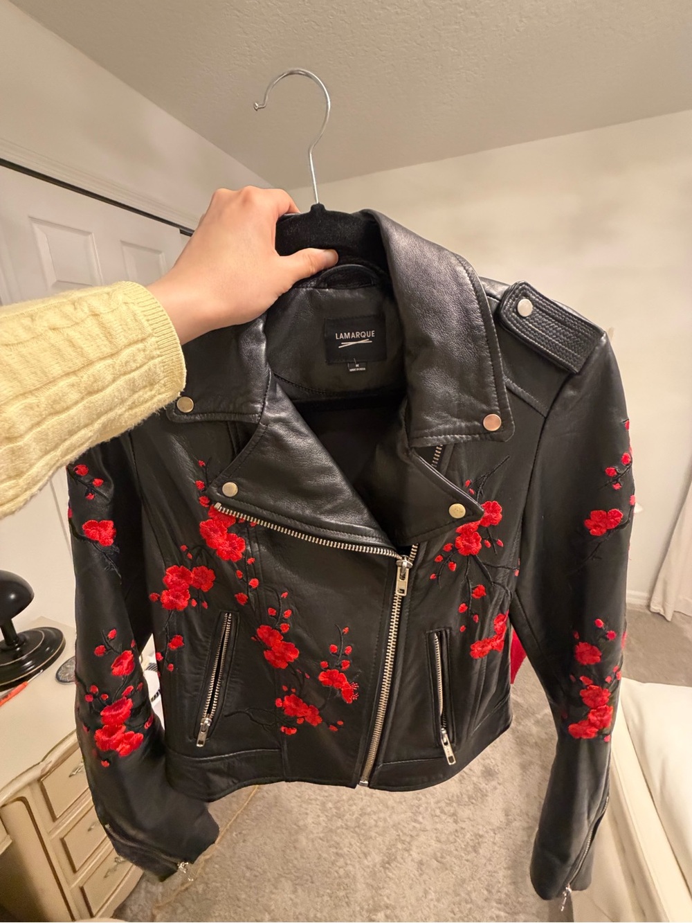 LAMARQUE Black Leather Moto Jacket with Red Floral Embroidery